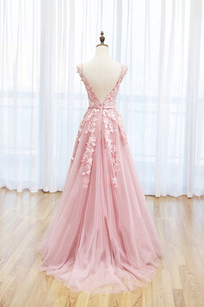 Pink Tulle Lace Long Prom Dress, Lovely A-Line Open Back Evening Dress