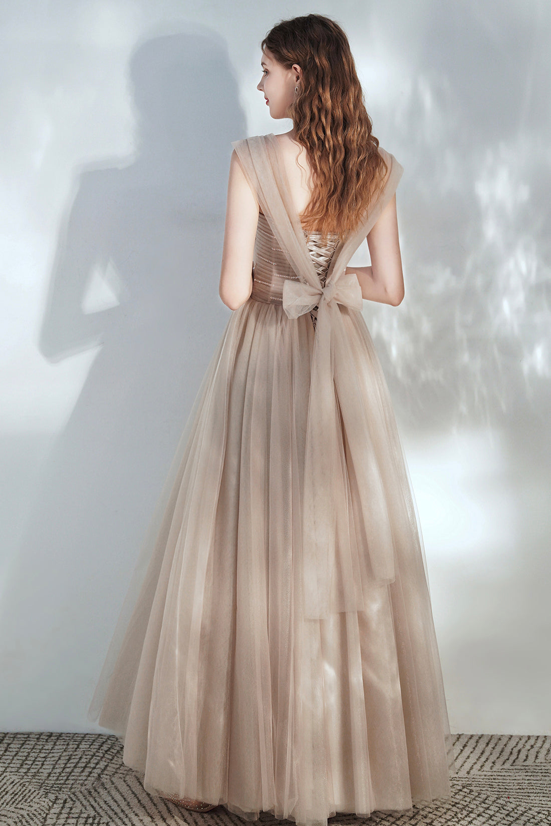 Champagne V-Neck Tulle Long Prom Dress with Beaded, Beautiful A-Line F Champagne V-Neck Tulle Long Prom Dress with Beaded, Beautiful A-Line F