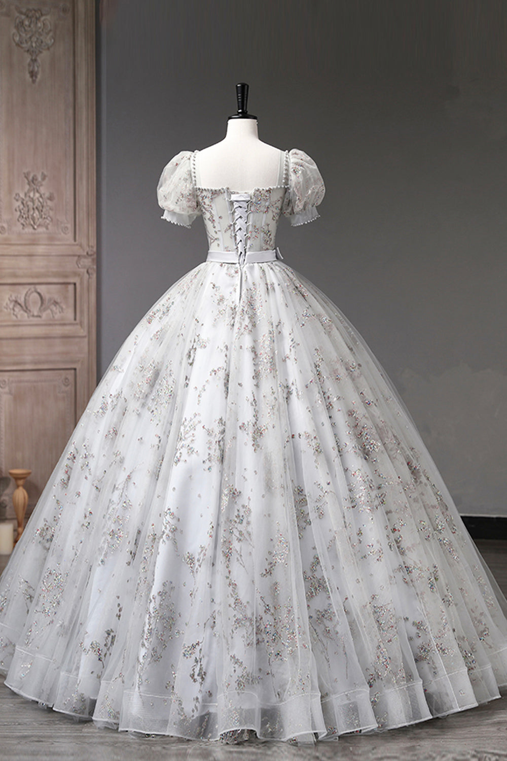 Stylish Tulle Sequins Gray Blue Long Prom Dresses, A-Line Long Formal Graduation Dresses