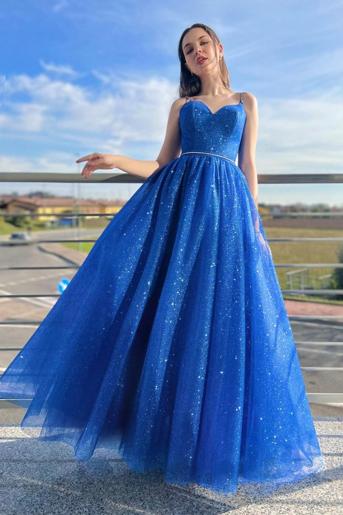 Blue Tulle Long A-Line Prom Dress, Blue Spaghetti Straps Party Dress with Bow US 4 / Custom Color