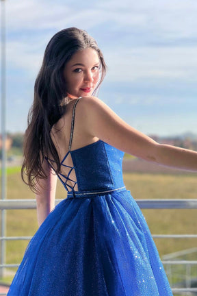 Blue Spaghetti Strap Tulle Long Prom Dress, A-Line Blue Evening Party Dress