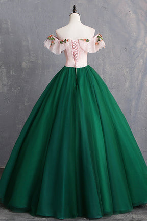 Green Tulle Lace Long Prom Dress, Cute Off Shoulder Evening Dress Party Dress