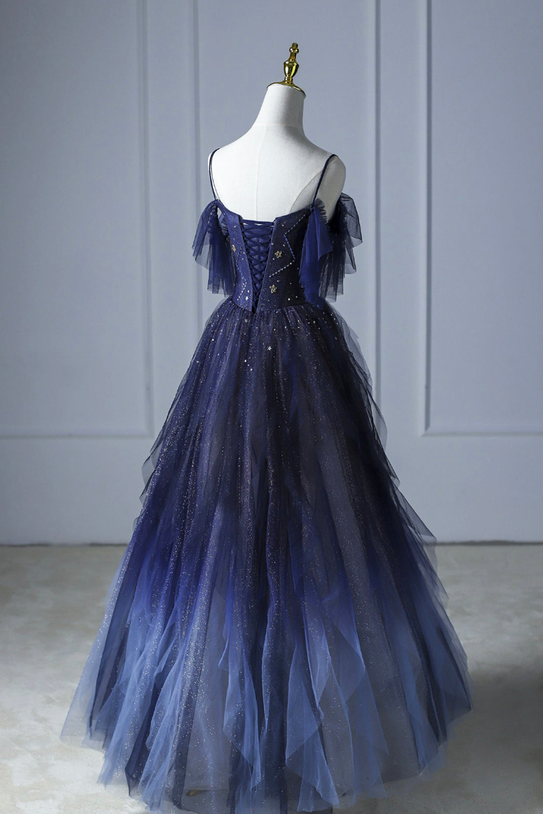 Blue Gradient Tulle Long Prom Dress, Beautiful Spaghetti Strap Evening Dress