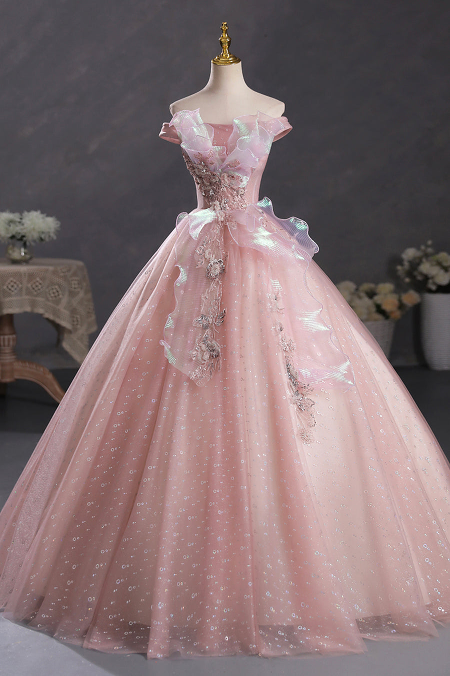 Gorgeous Pink Applique Off-the-shoulder Sweet 16 Quinceanera A-Line Prom Dress Birthday Dress Evening Dress Ball Gown DP6527