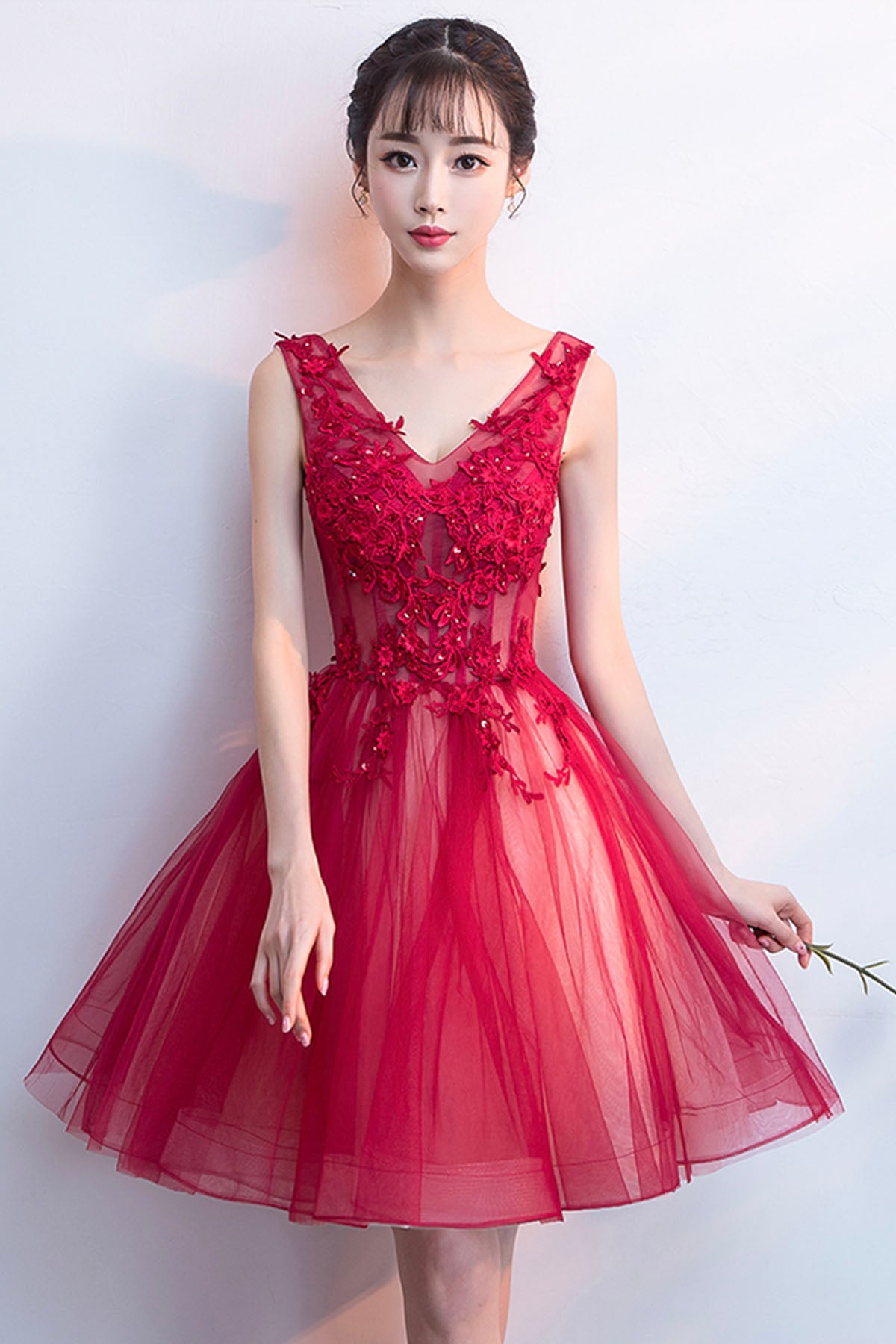 Red Tulle A Line Off-the-Shoulder Simple Prom Dresses PL559 | Promnova