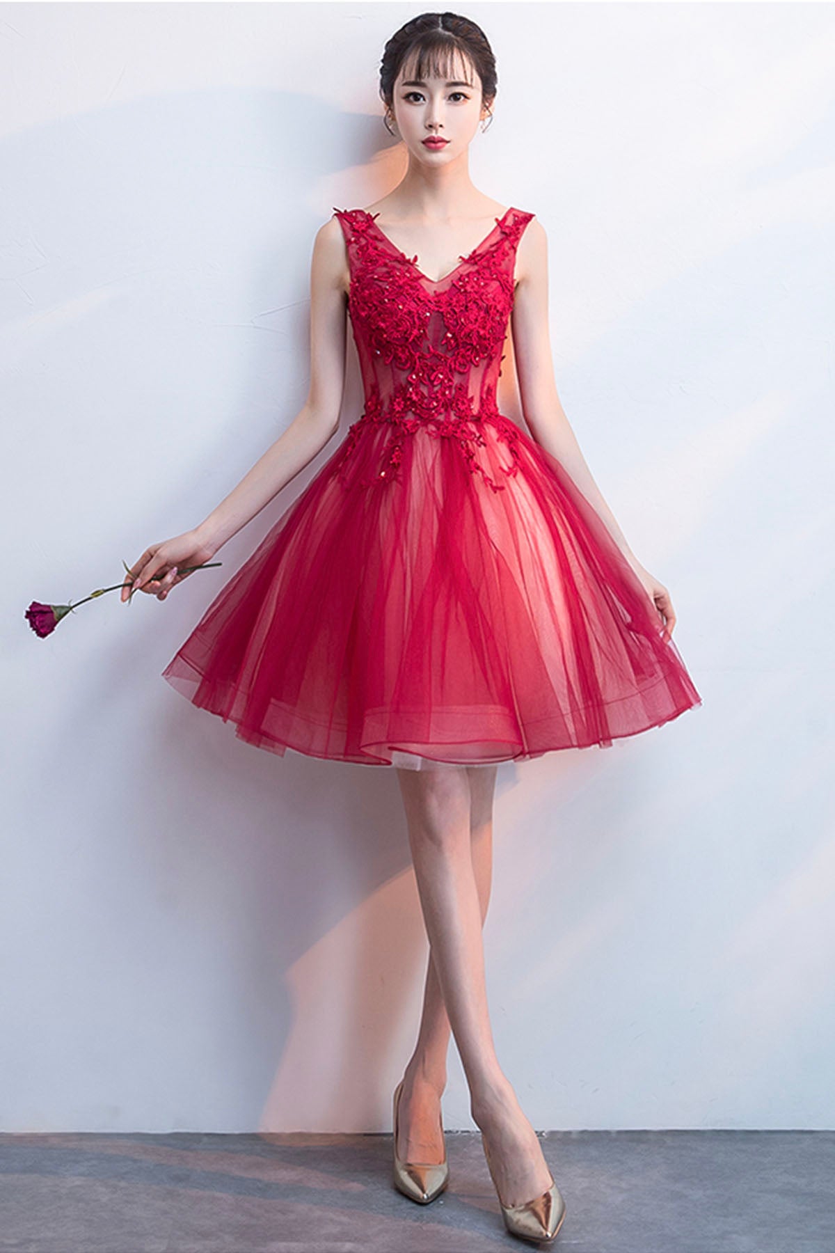 Red V-Neck Lace Short Prom Dress, Cute A-Line Homecoming Party Dress Red V-Neck Lace Short Prom Dress, Cute A-Line Homecoming Party Dress
