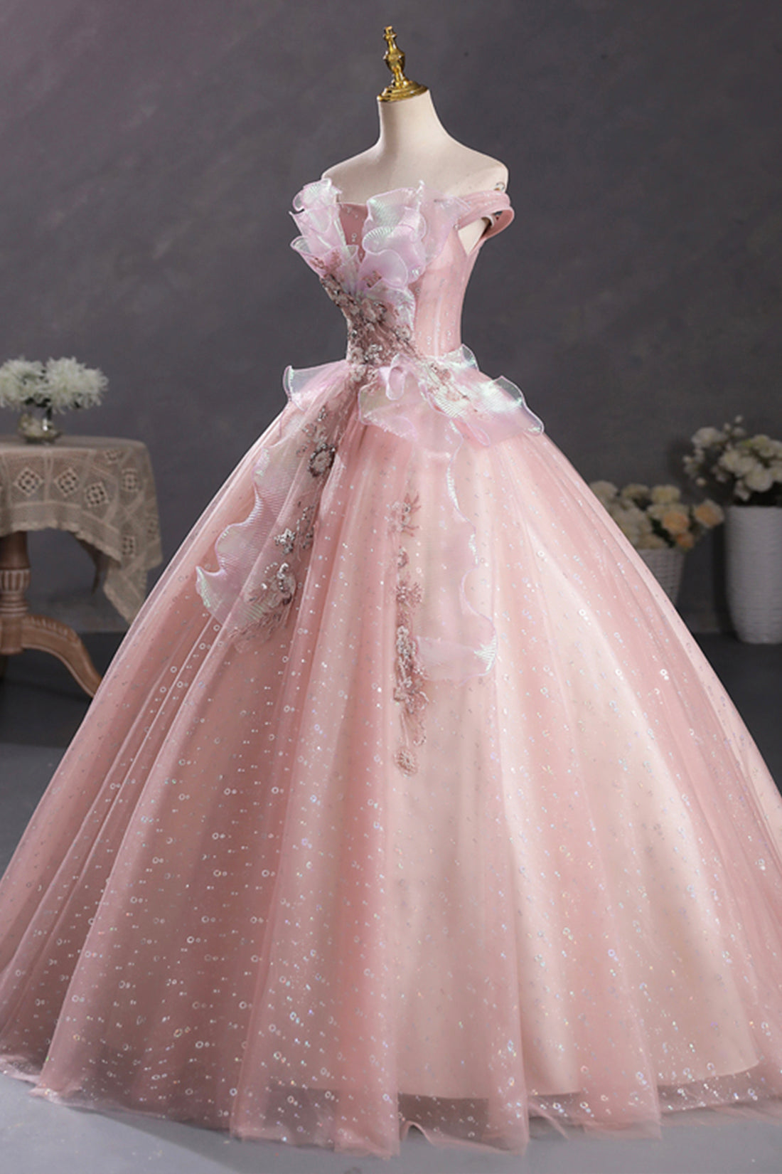 Pink Tulle Long A-Line Prom Dress with Lace, Beautiful Off Shoulder Sweet 16 Dress