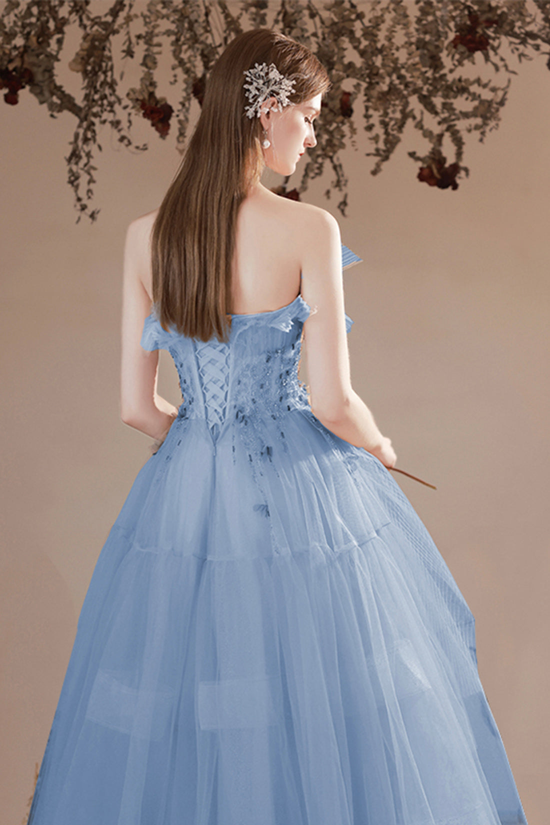 Blue Tulle Beaded Long Formal Dress, A-Line Strapless Graduation Dress