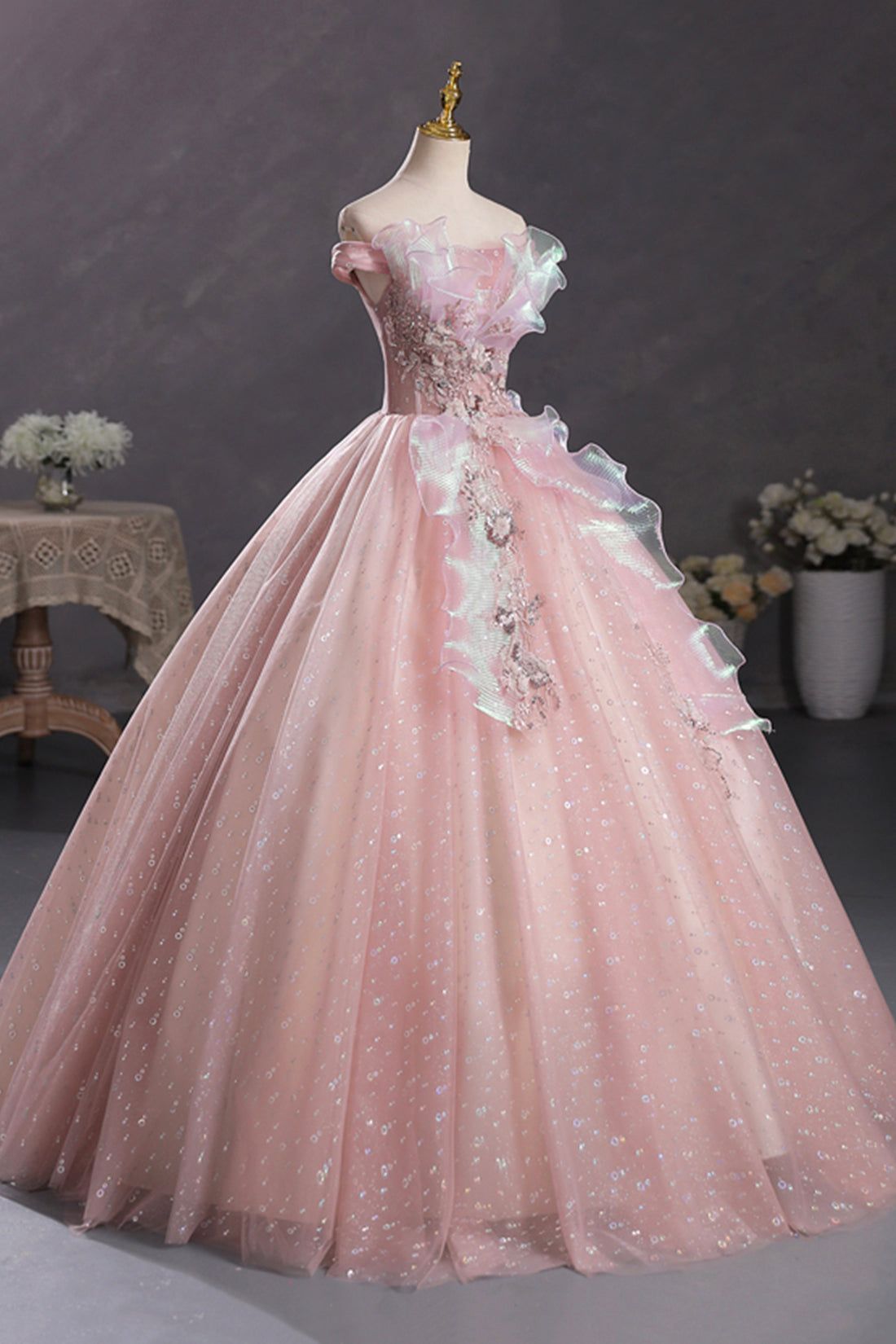 Pink Tulle Long A-Line Prom Dress with Lace, Beautiful Off Shoulder Sw Pink Tulle Long A-Line Prom Dress with Lace, Beautiful Off Shoulder Sw