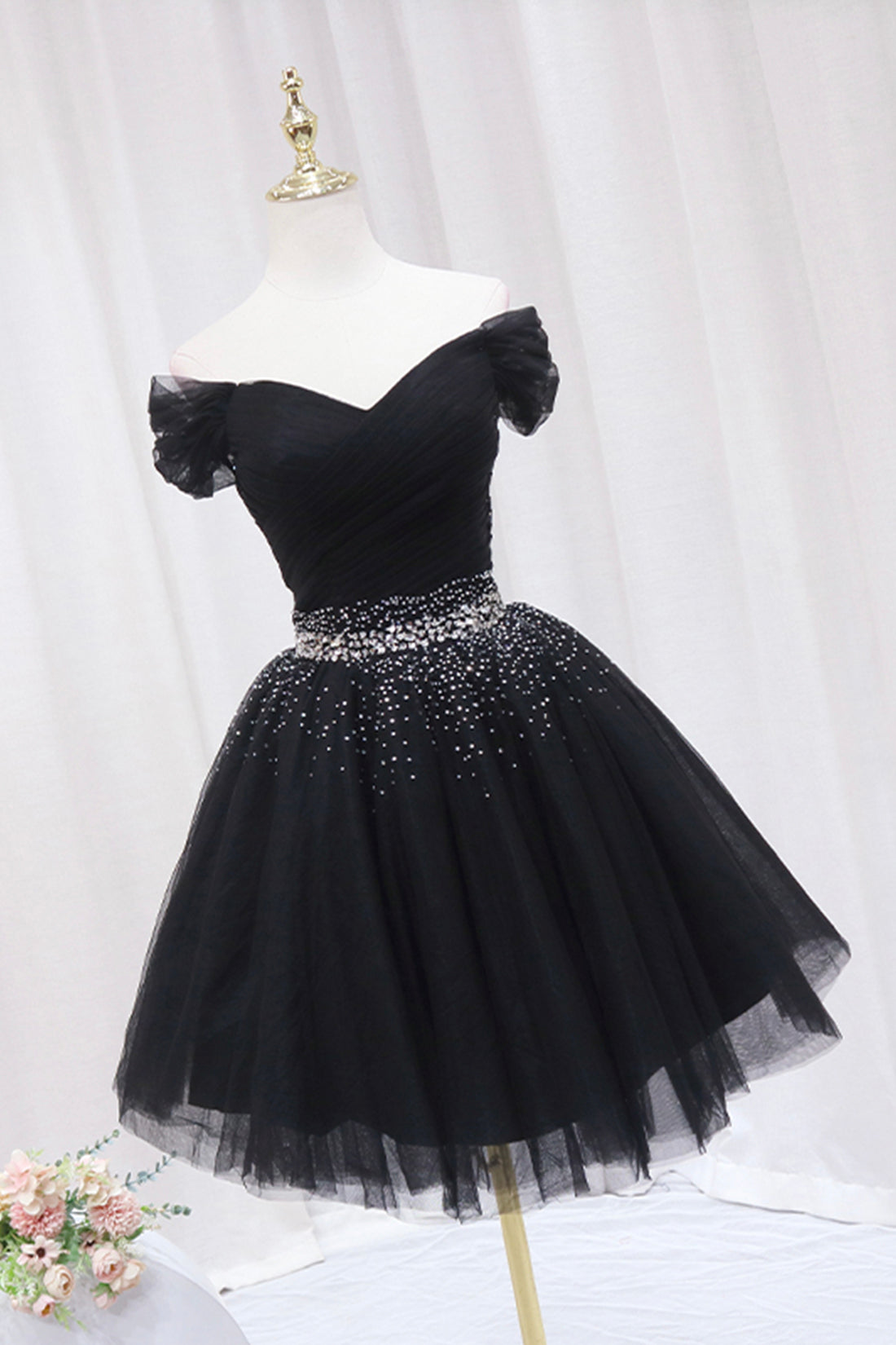 Black Tulle Beaded Short Prom Dress, Off Shoulder Evening Party Dress