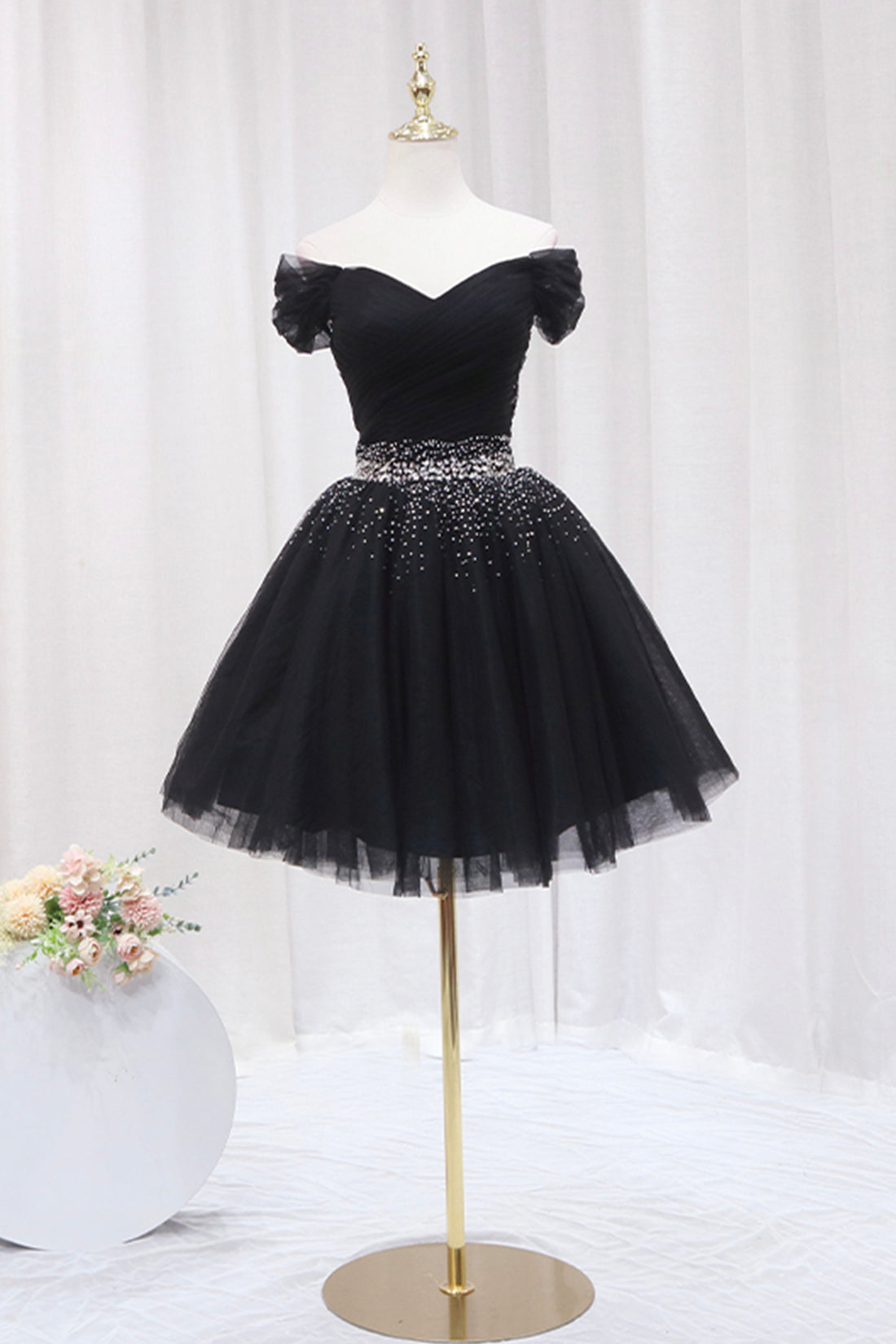 Black Tulle Beaded Short Prom Dress, Off Shoulder Evening Party Dress Black Tulle Beaded Short Prom Dress, Off Shoulder Evening Party Dress