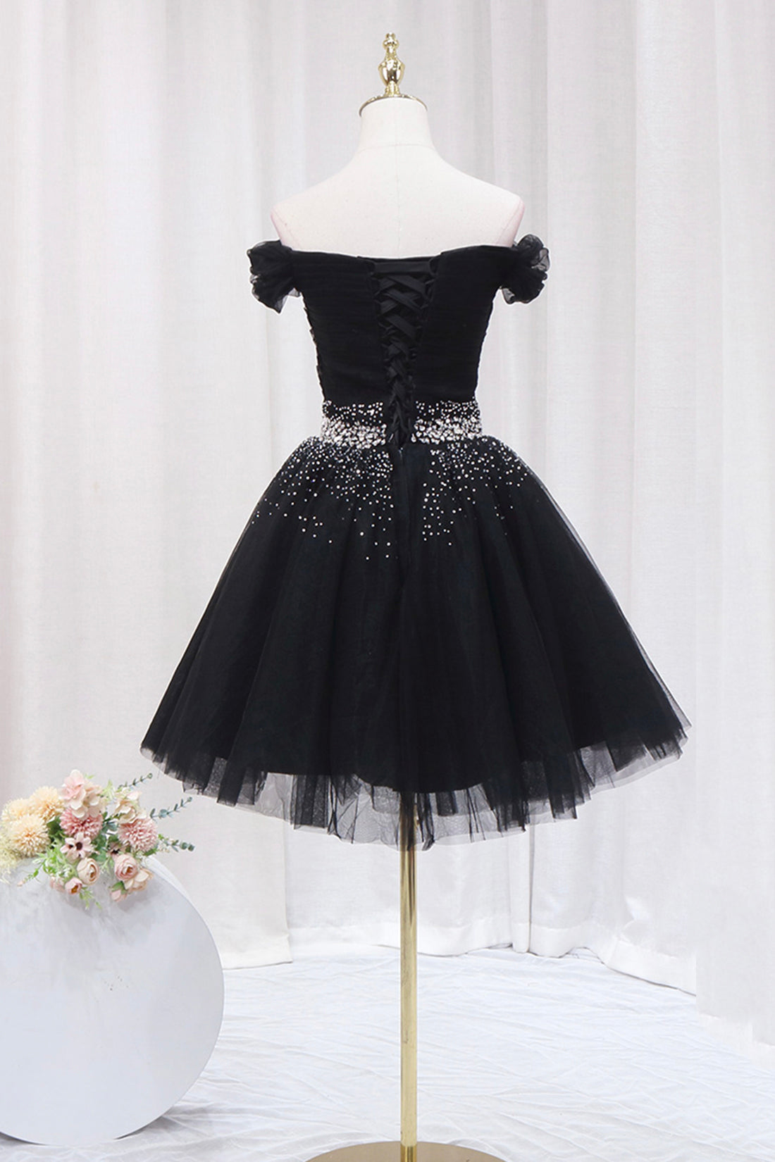 Black Tulle Beaded Short Prom Dress, Off Shoulder Evening Party Dress Black Tulle Beaded Short Prom Dress, Off Shoulder Evening Party Dress