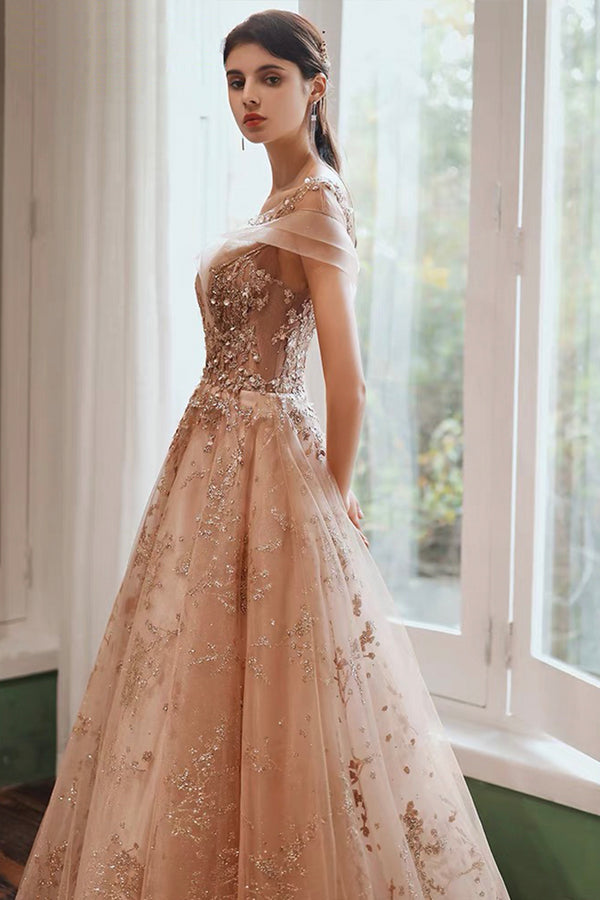 Champagne Tulle Sequins Long Evening Prom Dress, Shiny A-Line Party Dress main image 0