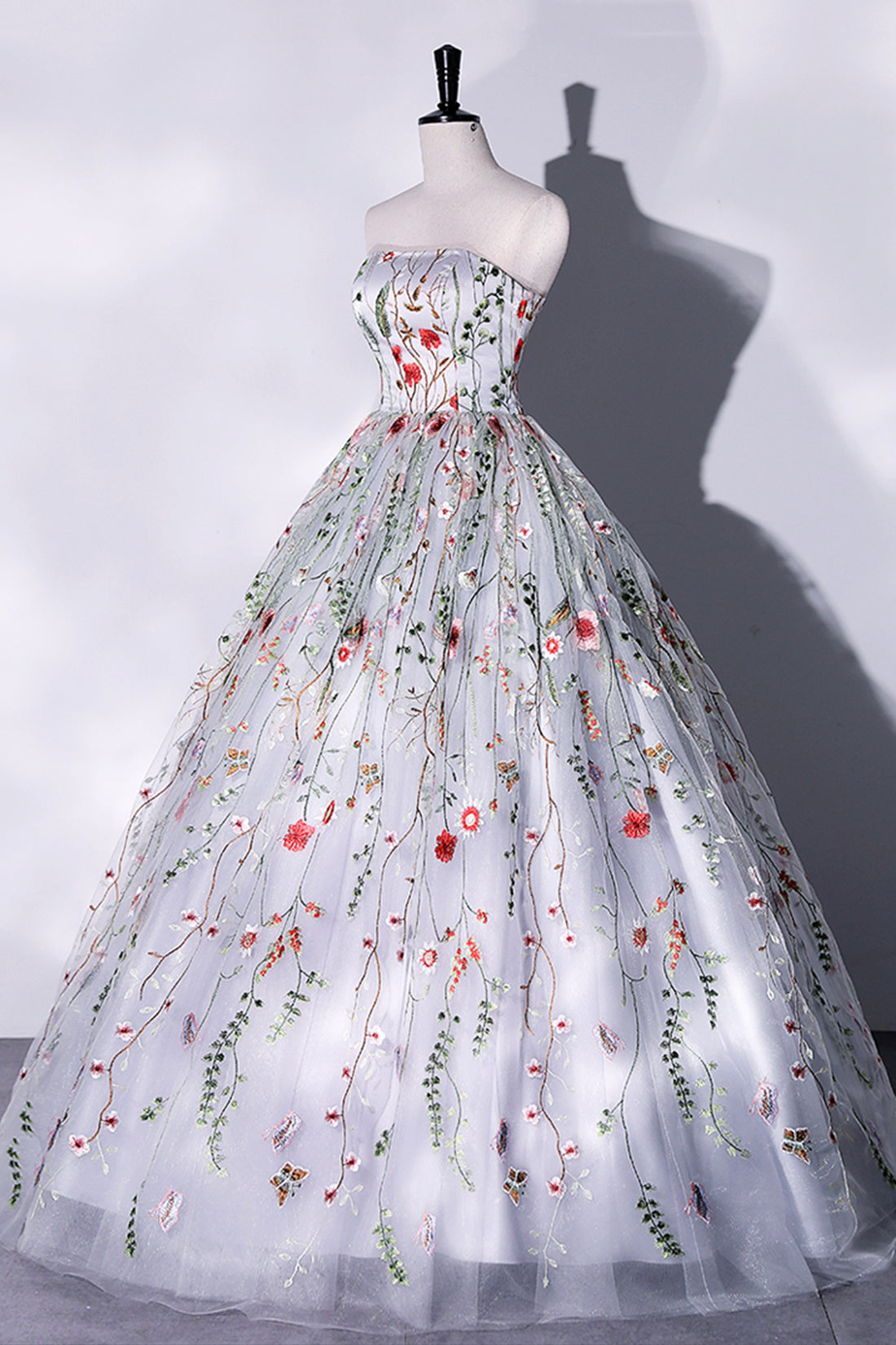 Strapless Cute Long Prom Dresses Gray Strapless Floral Tulle Long Prom Dress, Cute A-Line Evening Party Strapless Cute Long Prom Dresses Gray Strapless Floral Tulle Long Prom Dress, Cute A-Line Evening Party