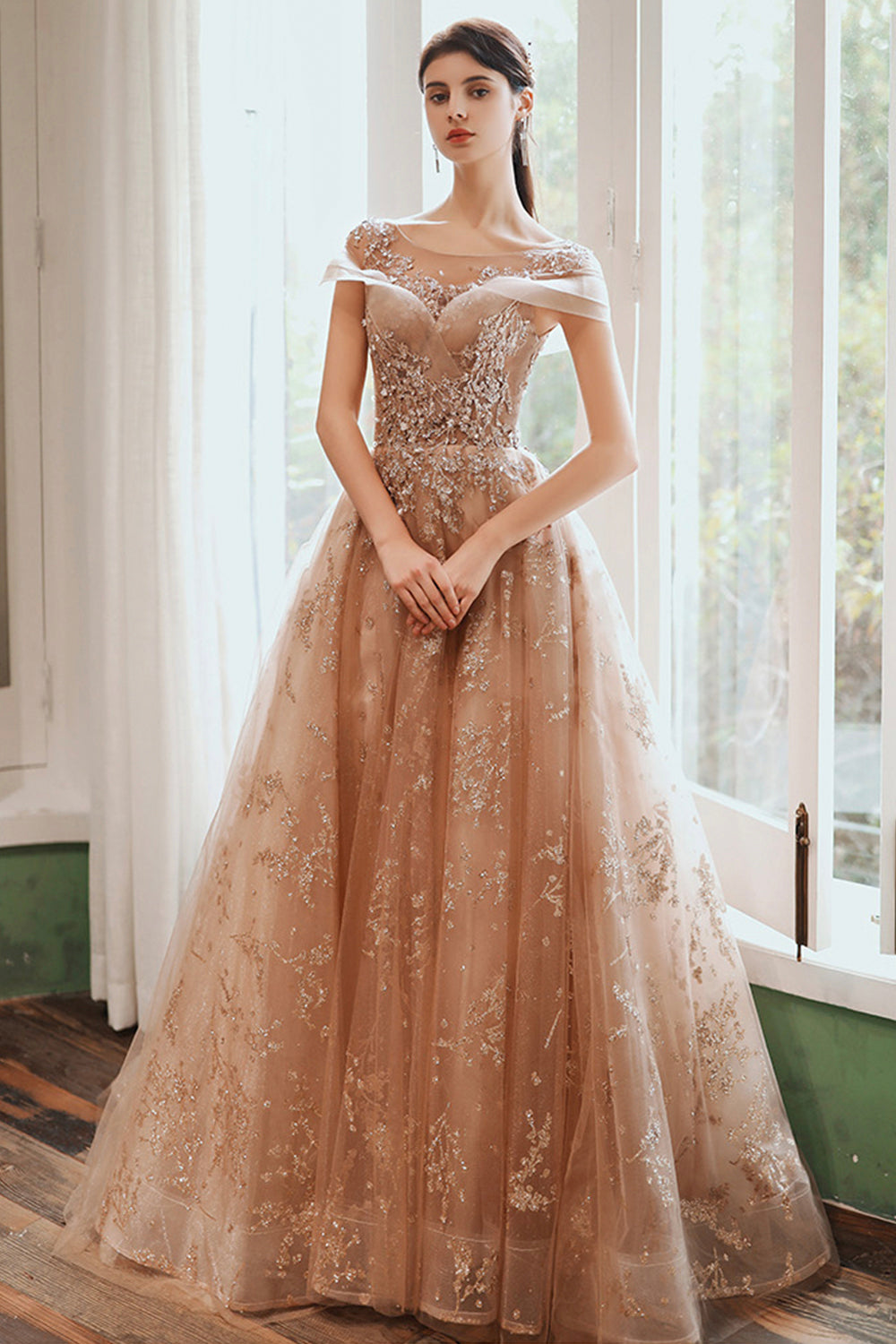 Beautiful Tulle Sequins Long Prom Dress, A-Line Evening Dress