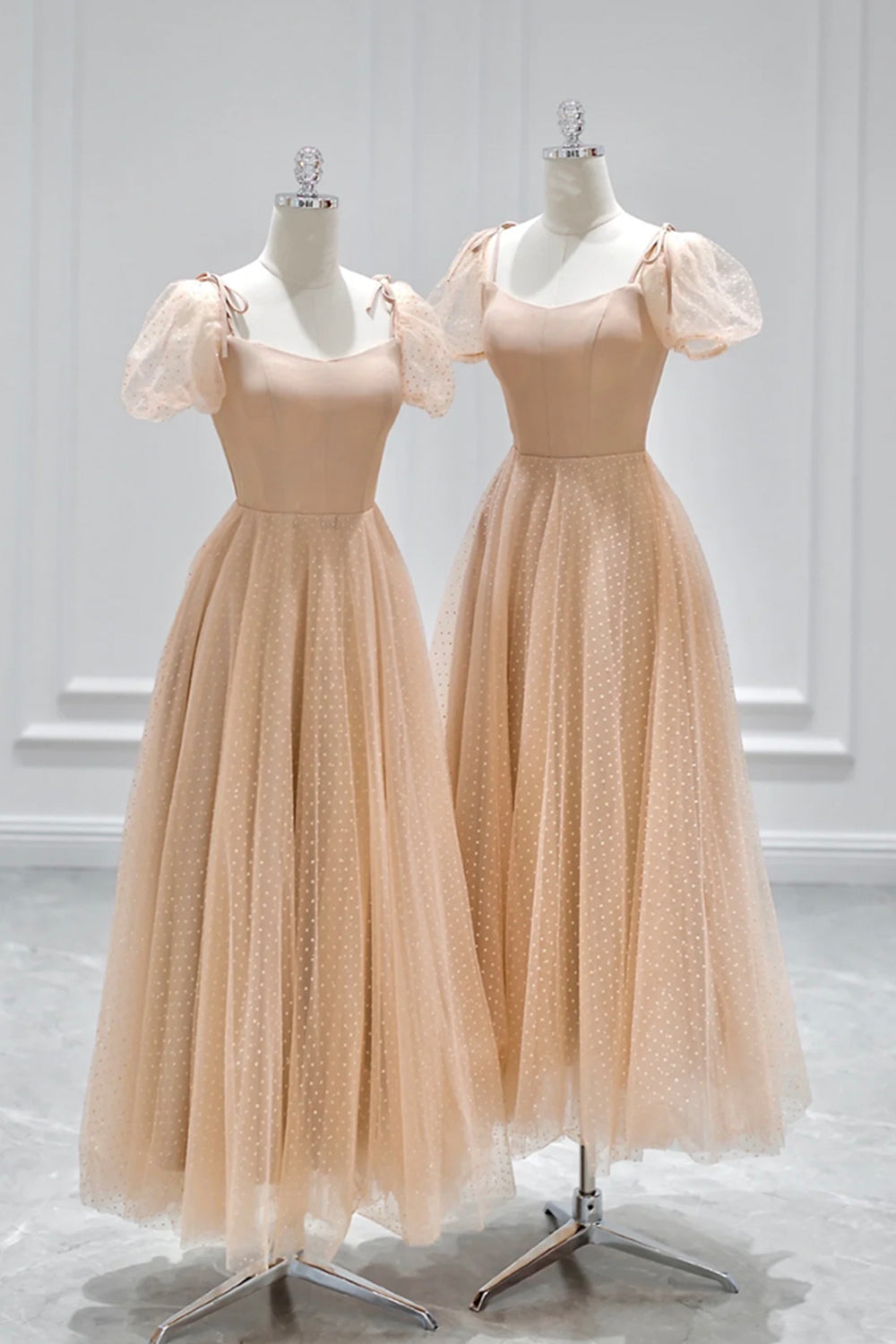 Champagne Tulle Tea Length Prom Dress, Cute Short Sleeve Evening Dress