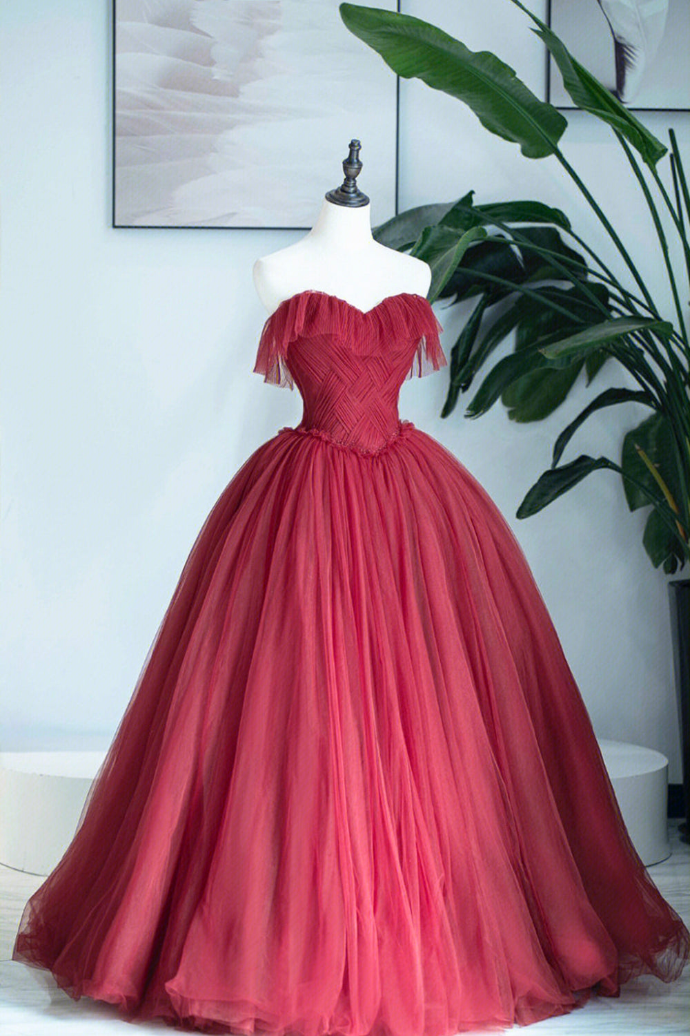 Burgundy Strapless Tulle Long Formal Dress, Sweetheart Neckline Evening Dress