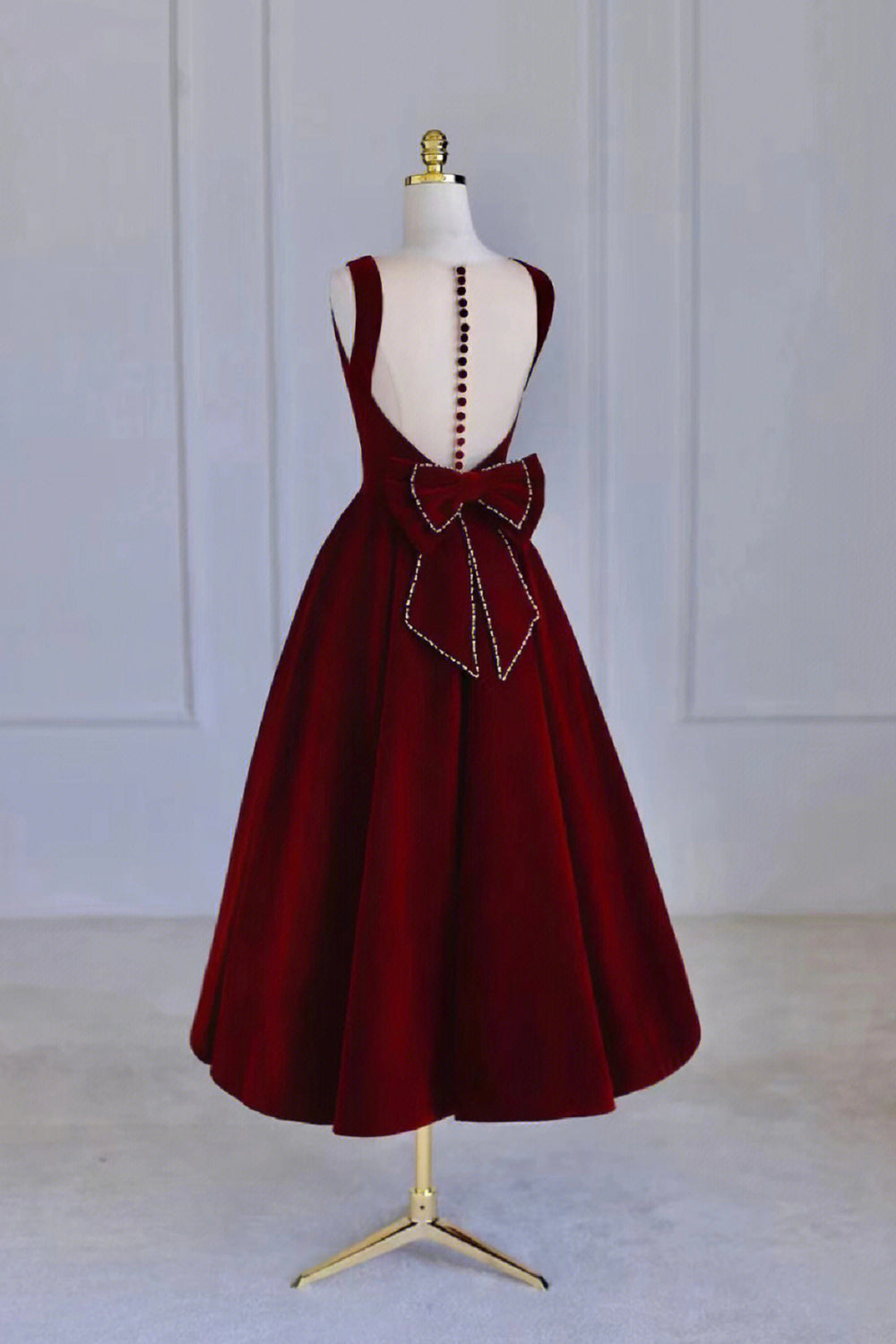 Burgundy Velvet Tea Length Prom Dress, A-Line Party Dress with Bow