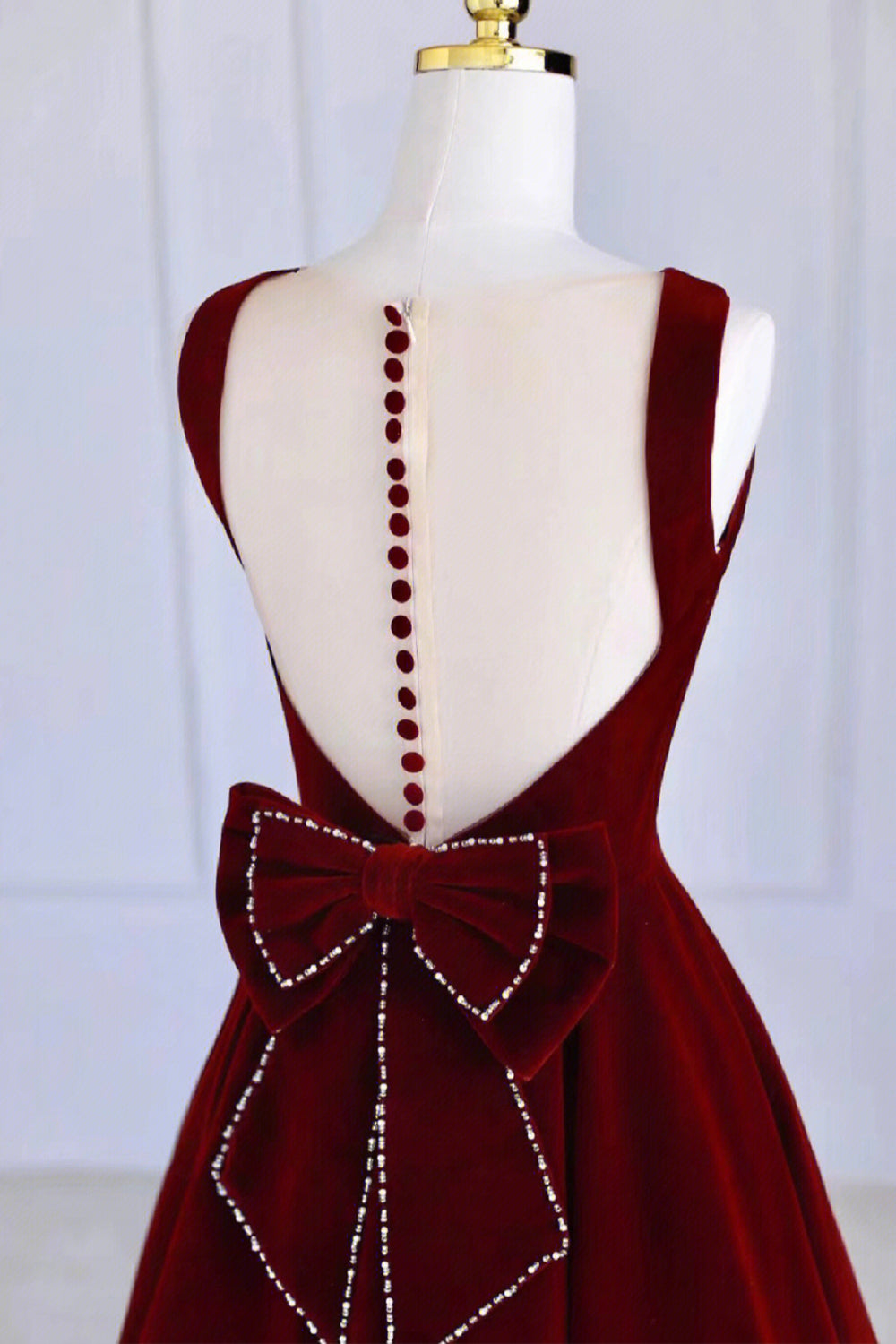 Burgundy Velvet Tea Length Prom Dress, A-Line Party Dress with Bow Burgundy Velvet Tea Length Prom Dress, A-Line Party Dress with Bow