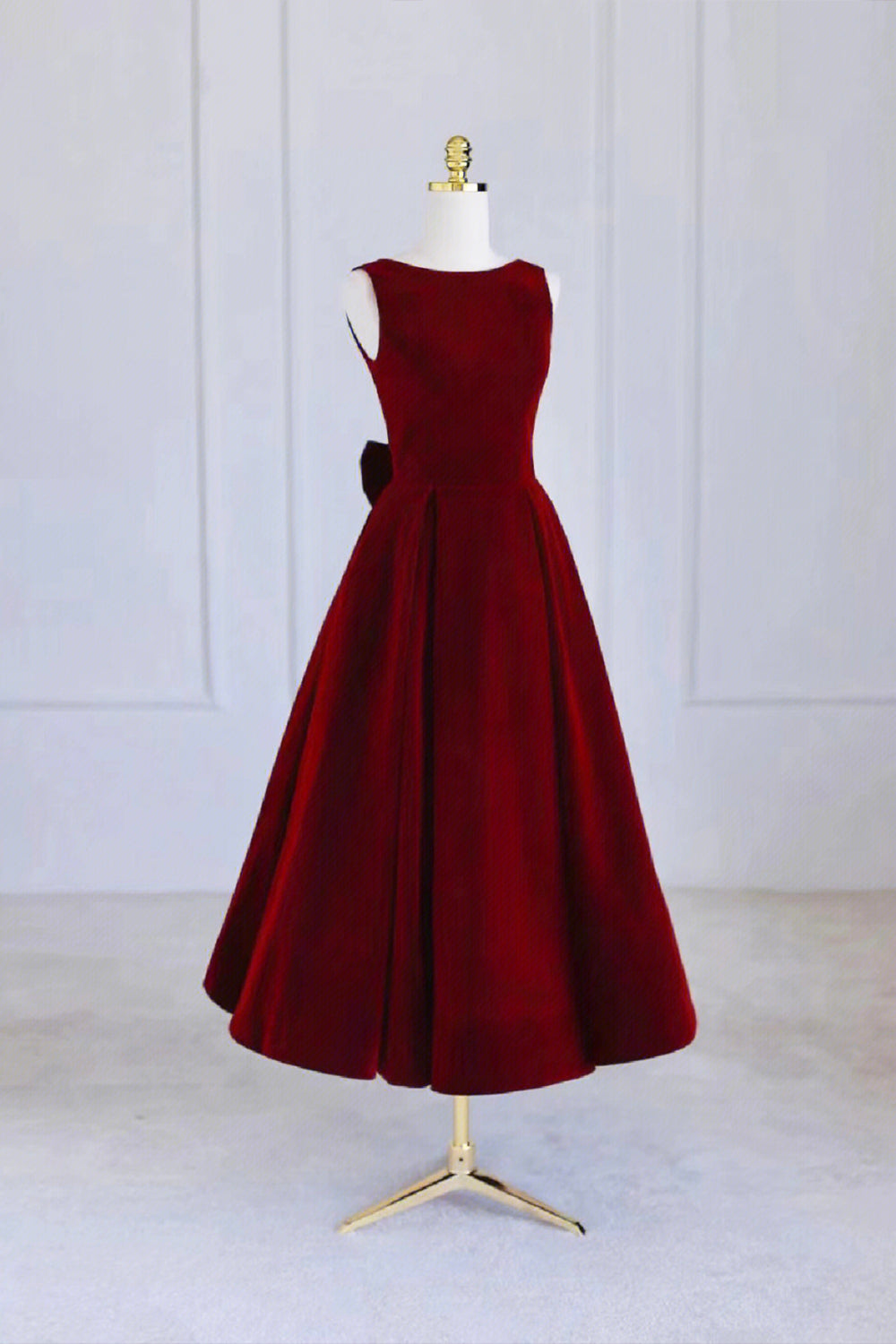 Burgundy Velvet Tea Length Prom Dress, A-Line Party Dress with Bow Burgundy Velvet Tea Length Prom Dress, A-Line Party Dress with Bow