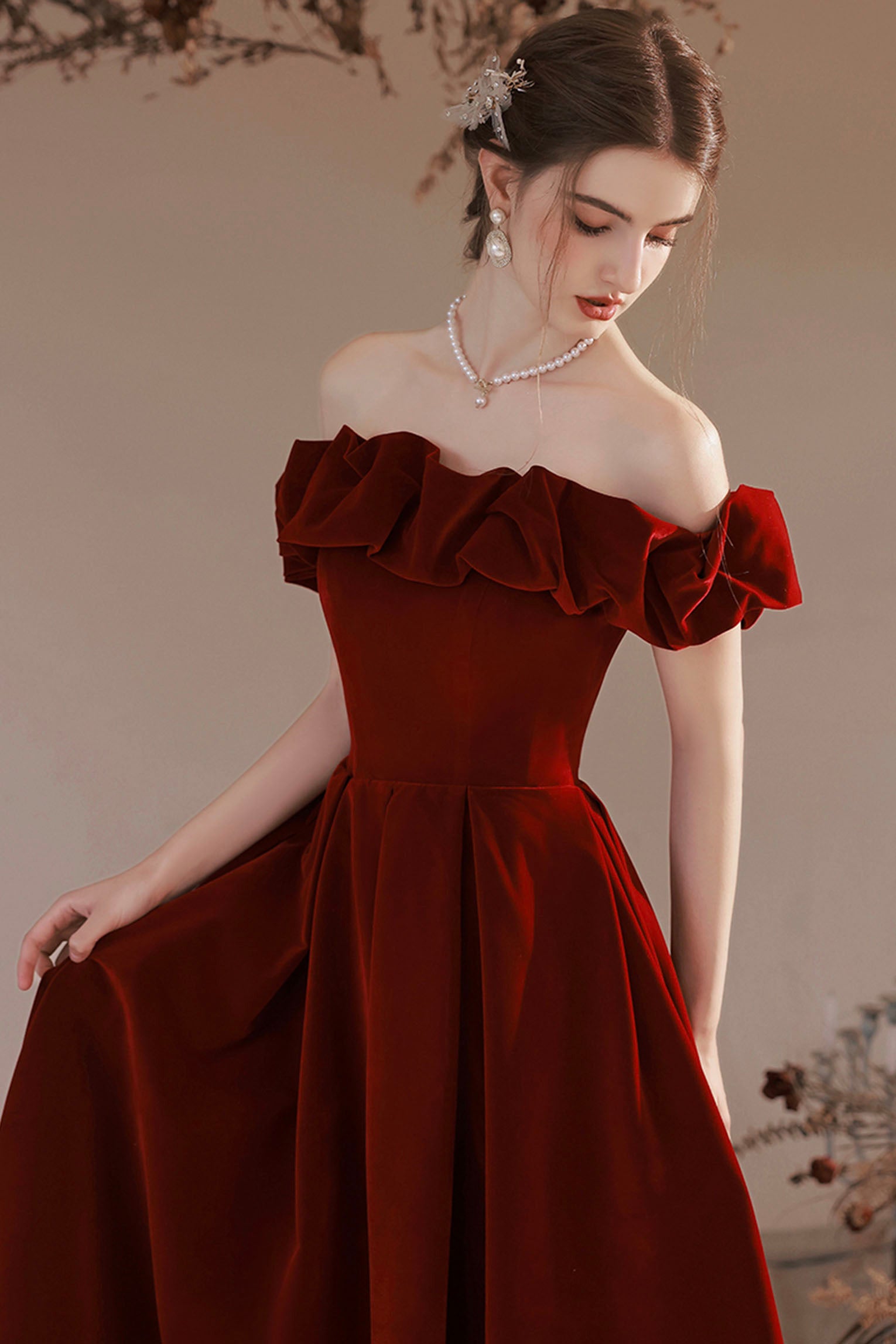 Burgundy Velvet Long Prom Dress, A-Line Off the Shoulder Party Dress