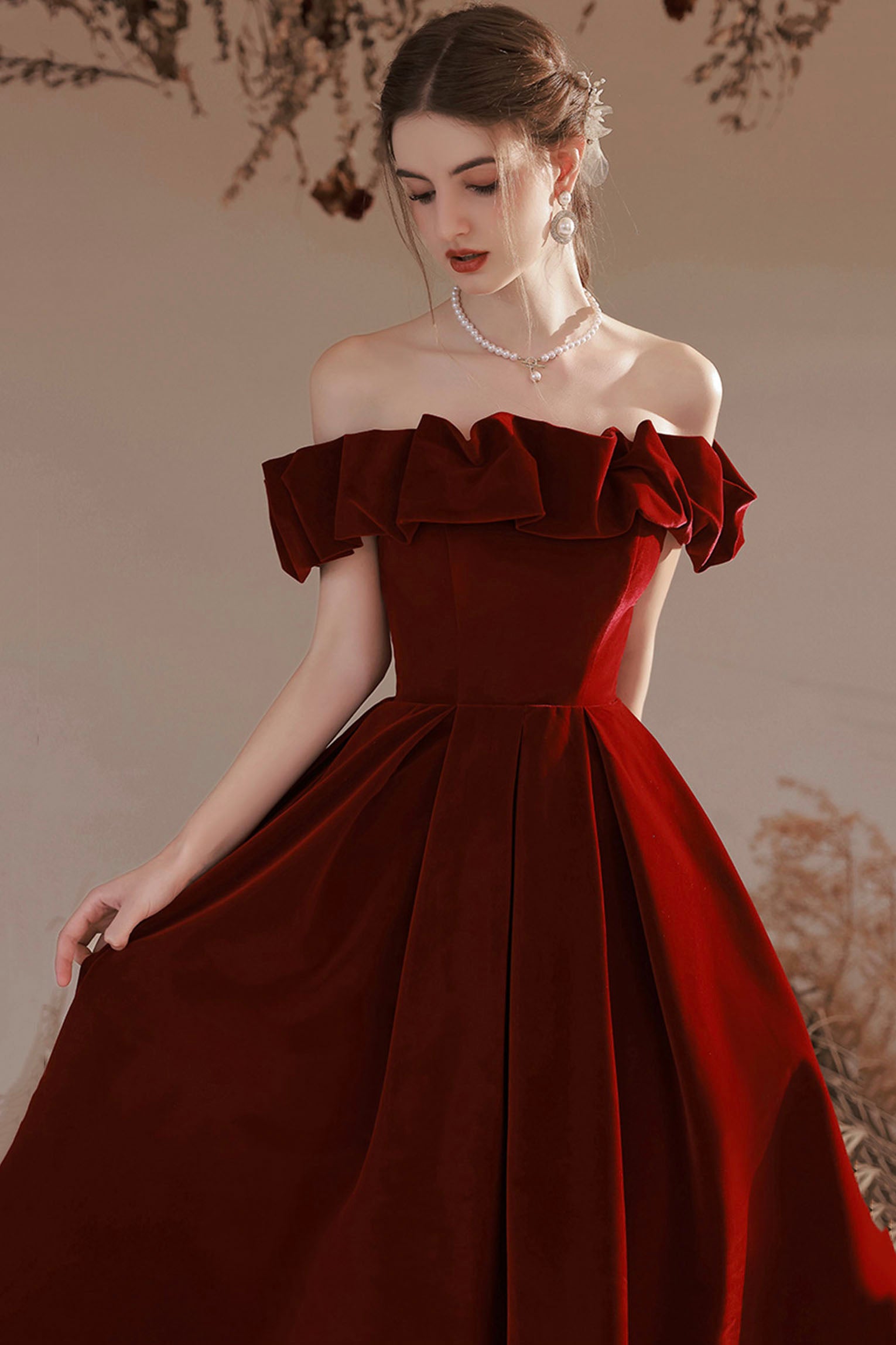 Burgundy Velvet Long Prom Dress, A-Line Off the Shoulder Party Dress Burgundy Velvet Long Prom Dress, A-Line Off the Shoulder Party Dress