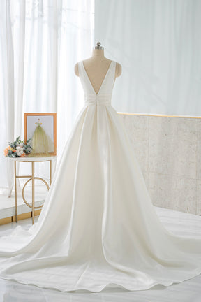 White V-Neck Satin Long Prom Dress, Simple A-Line Formal Dress
