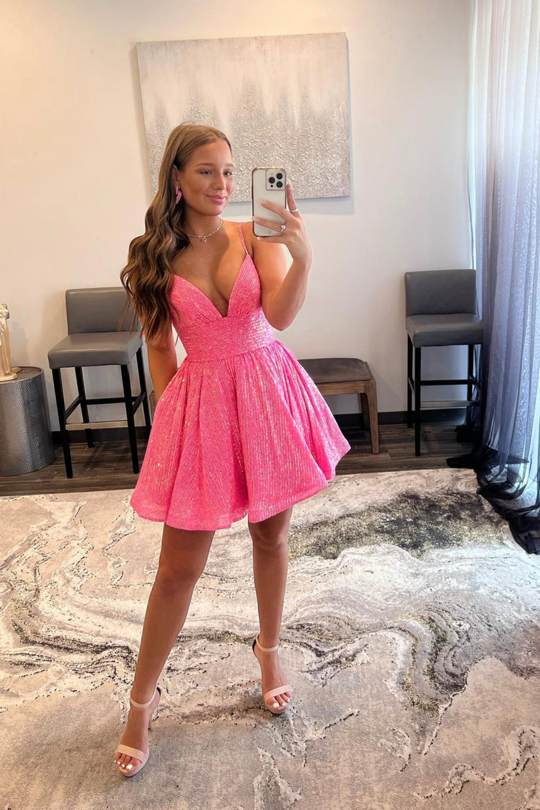 Pink V-Neck Sequins Short Prom Dress, Cute A-Line Homecoming Dress Pink V-Neck Sequins Short Prom Dress, Cute A-Line Homecoming Dress