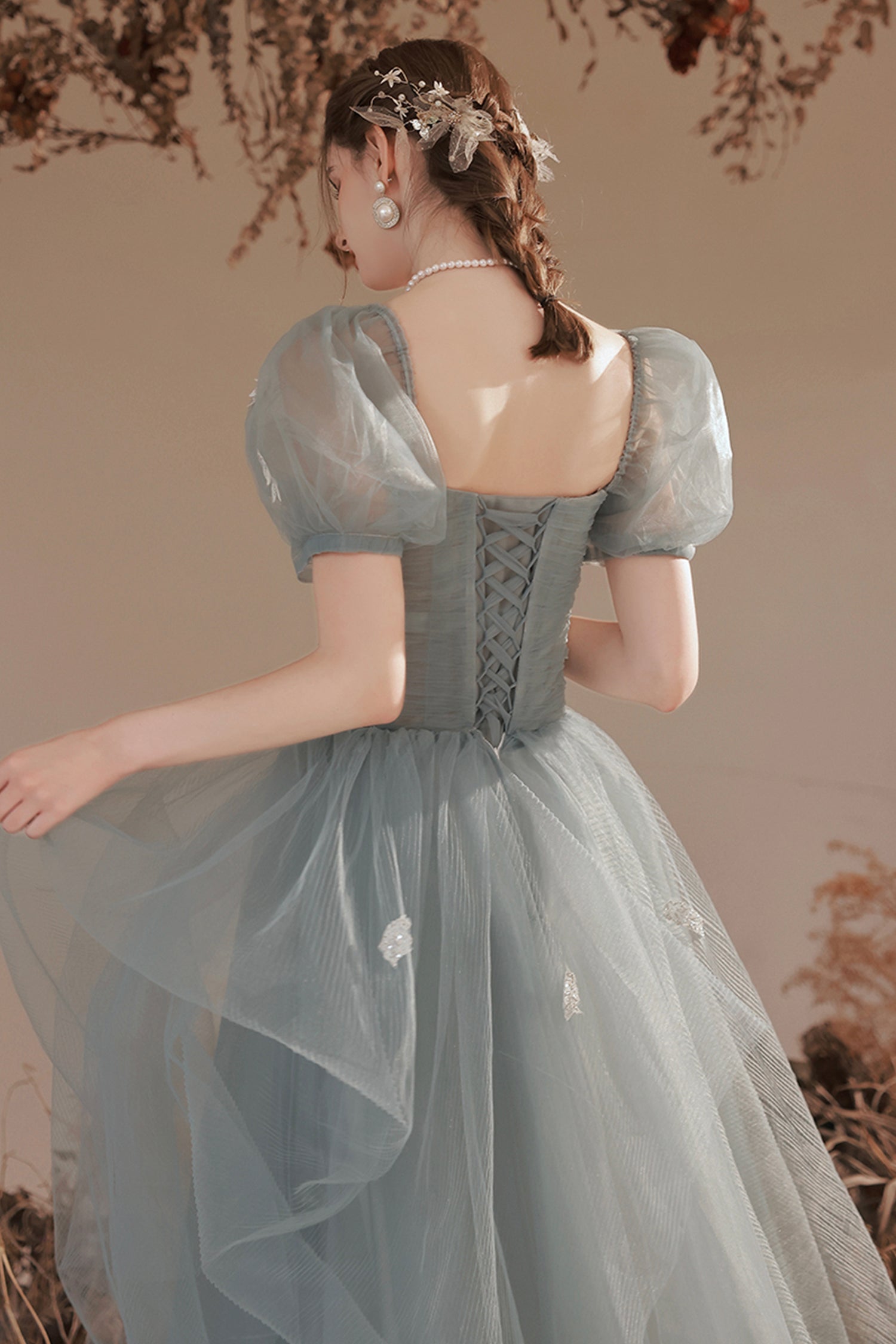 Cute Tulle Lace Long Prom Dress with Lace, A-Line Short Sleeve Graduation Dress