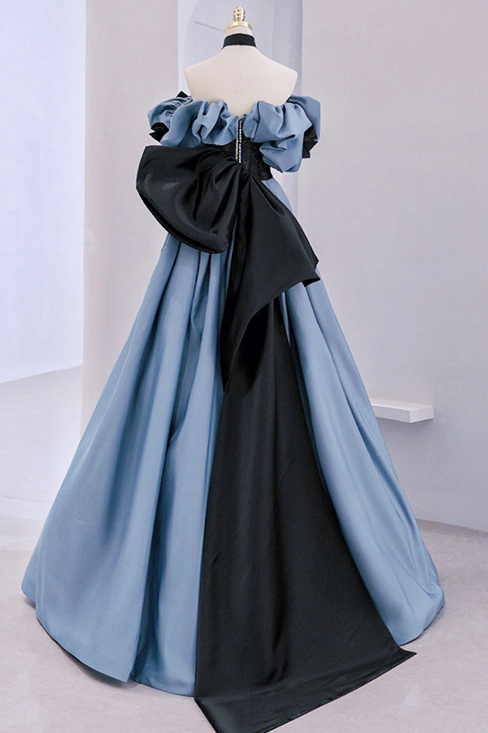 Blue Satin Lace Long Prom Dress, Off Shoulder Evening Party Dress