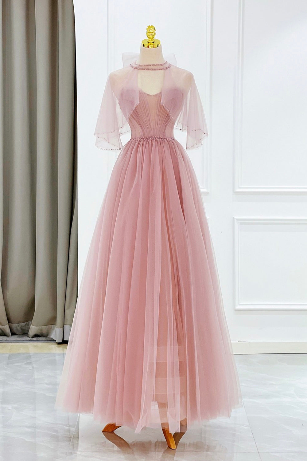 Pink Tulle Beaded Long Prom Dress, Lovely Pink Evening Dress