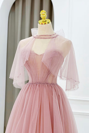 Pink Tulle Beaded Long Prom Dress, Lovely Pink Evening Dress