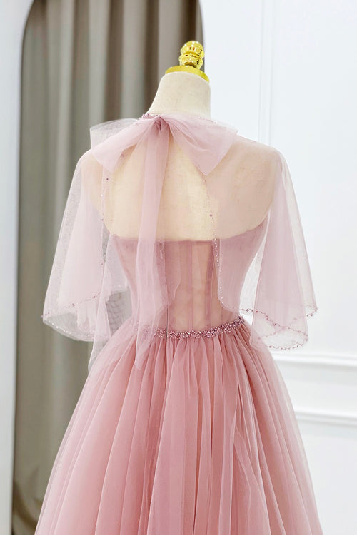 Pink Tulle Beaded Long Lace Applique Formal Prom Dress, Evening Dress, With Sleeve main image 0