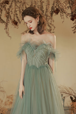 Green Off the Shoulder Tulle Long Prom Dress, Cute A-Line Party Dress