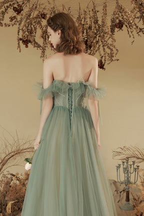 Green Off the Shoulder Tulle Long Prom Dress, Cute A-Line Party Dress