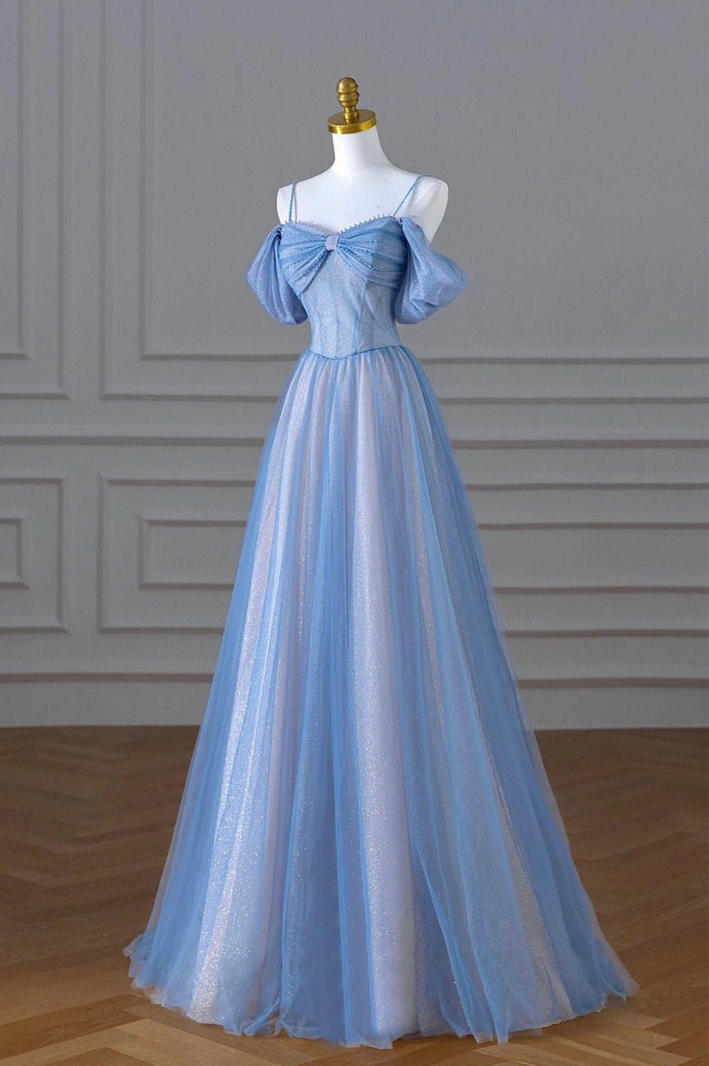 A-line Blue Spaghetti-Straps Tulle Lace Long Prom Dress Evening Dress main image 1