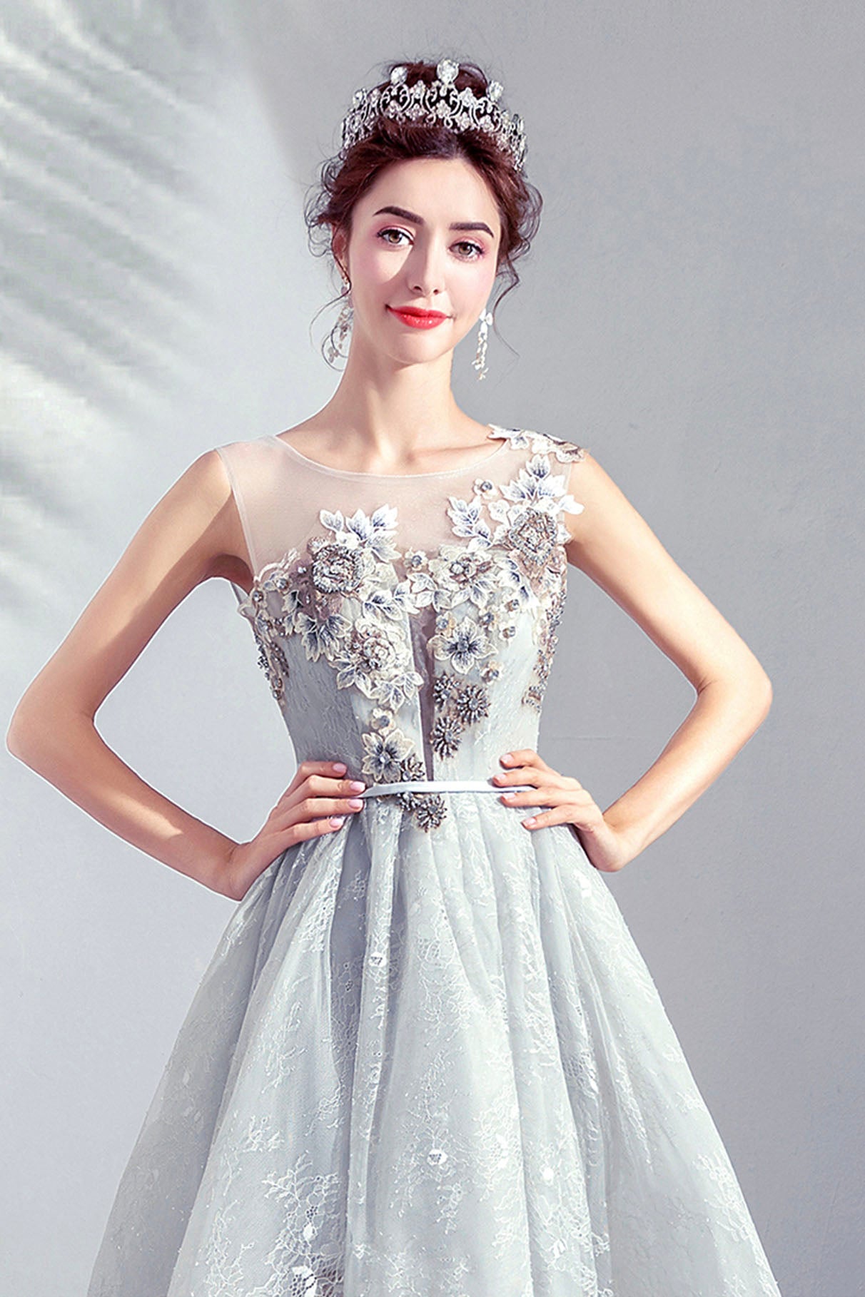 Gray Lace Short A-Line Prom Dress, Cute Scoop Homecoming Party Dress