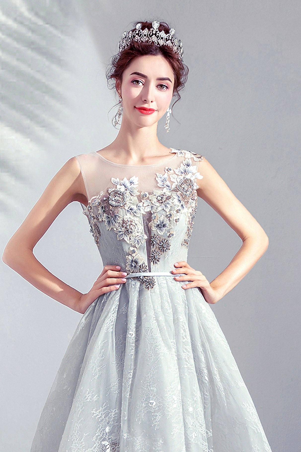 Gray Lace Short A-Line Prom Dress, Cute Scoop Homecoming Party Dress Gray Lace Short A-Line Prom Dress, Cute Scoop Homecoming Party Dress