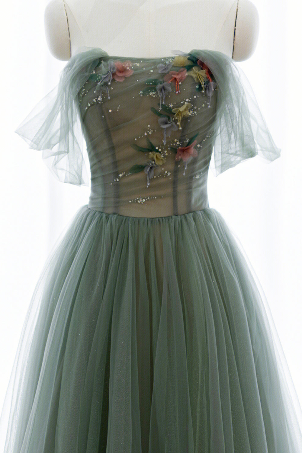 Pretty Green Satin Tulle Sequins Beaded Prom Dress,A Line Long Evening Dress cc2763