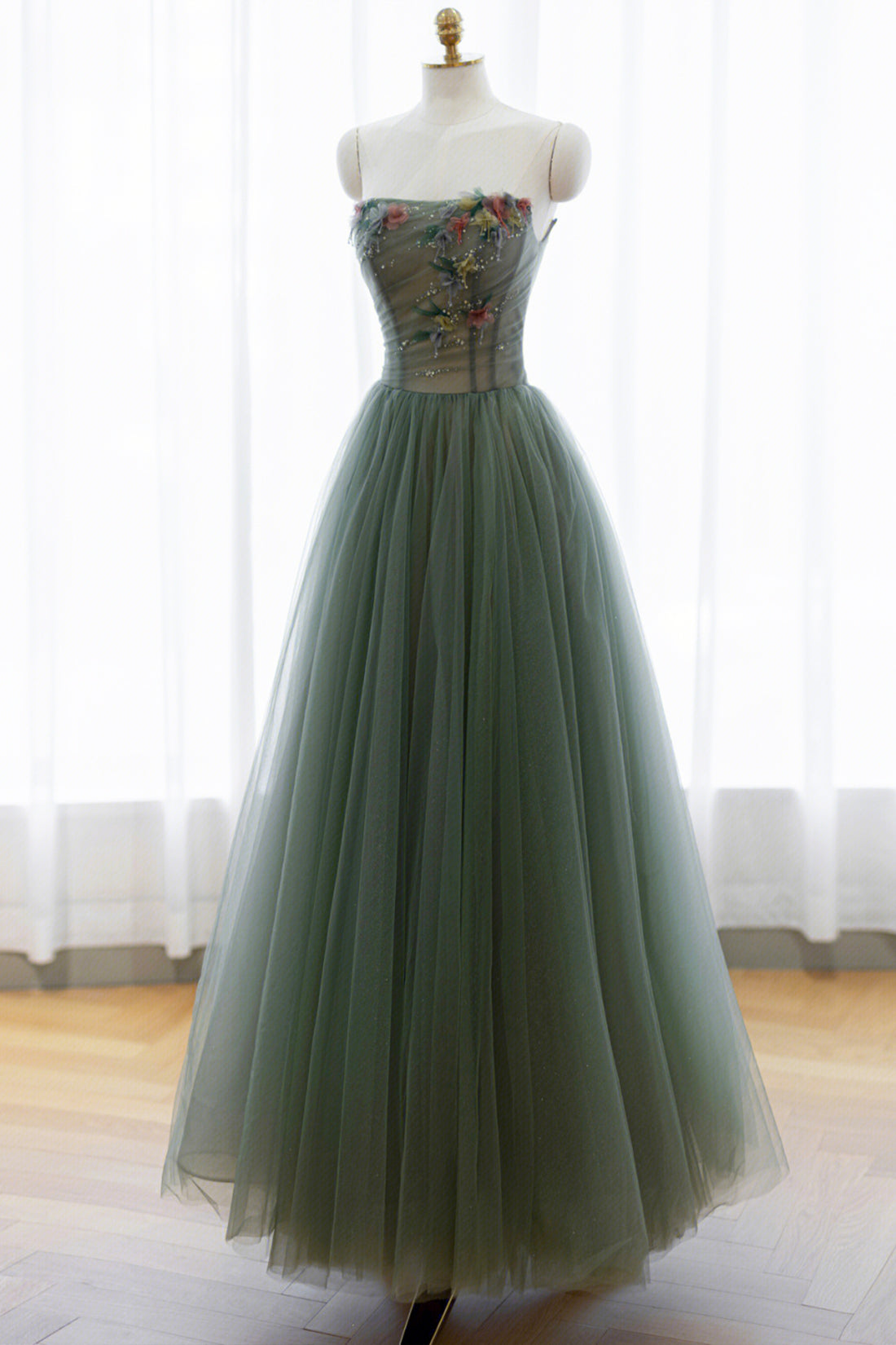 Gray Green Tulle Beaded Long Prom Dress, Beautiful A-Line Evening Dres Gray Green Tulle Beaded Long Prom Dress, Beautiful A-Line Evening Dres