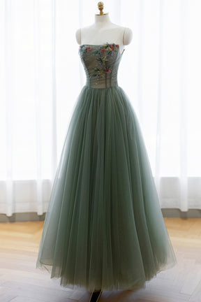 Gray Green Tulle Beaded Long Prom Dress, Beautiful A-Line Evening Dress
