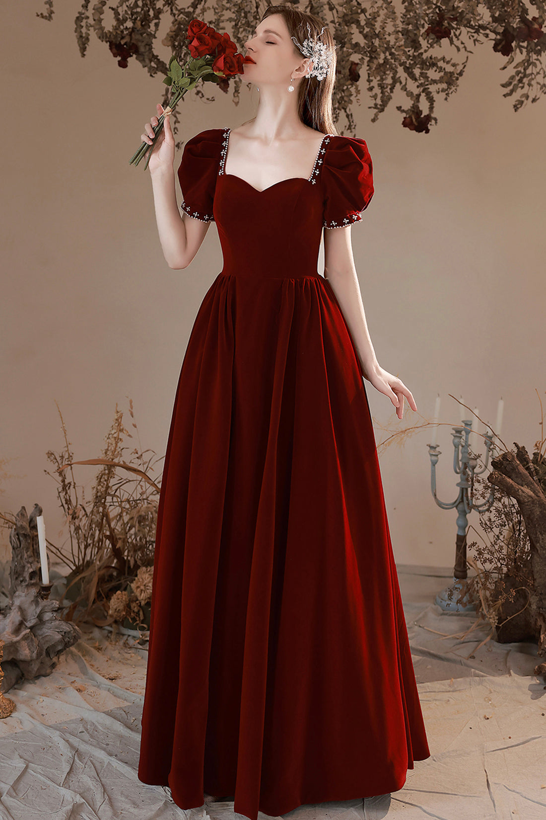 Burgundy Velvet Long Formal Dress, A-Line Short Sleeve Evening Party D Burgundy Velvet Long Formal Dress, A-Line Short Sleeve Evening Party D
