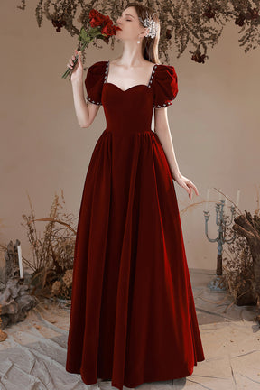 Burgundy Velvet Long Formal Dress, A-Line Short Sleeve Evening Party Dress