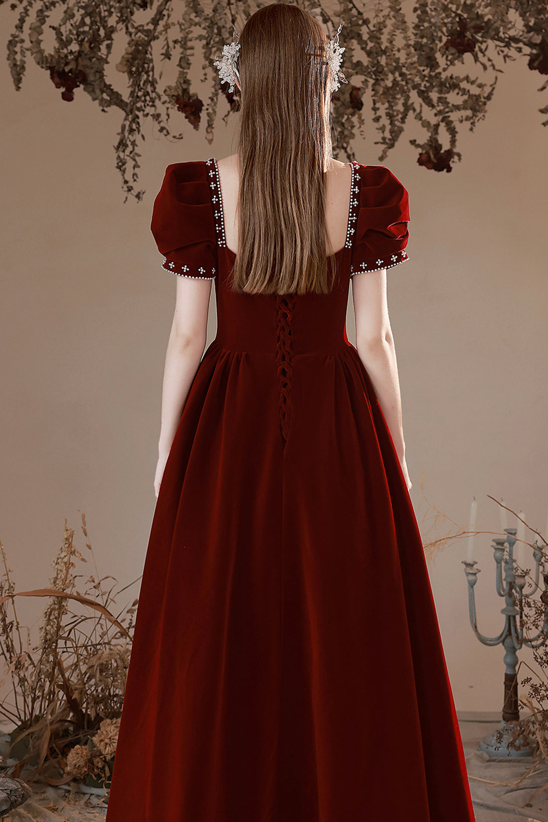Burgundy Velvet Long Formal Dress, A-Line Short Sleeve Evening Party Dress