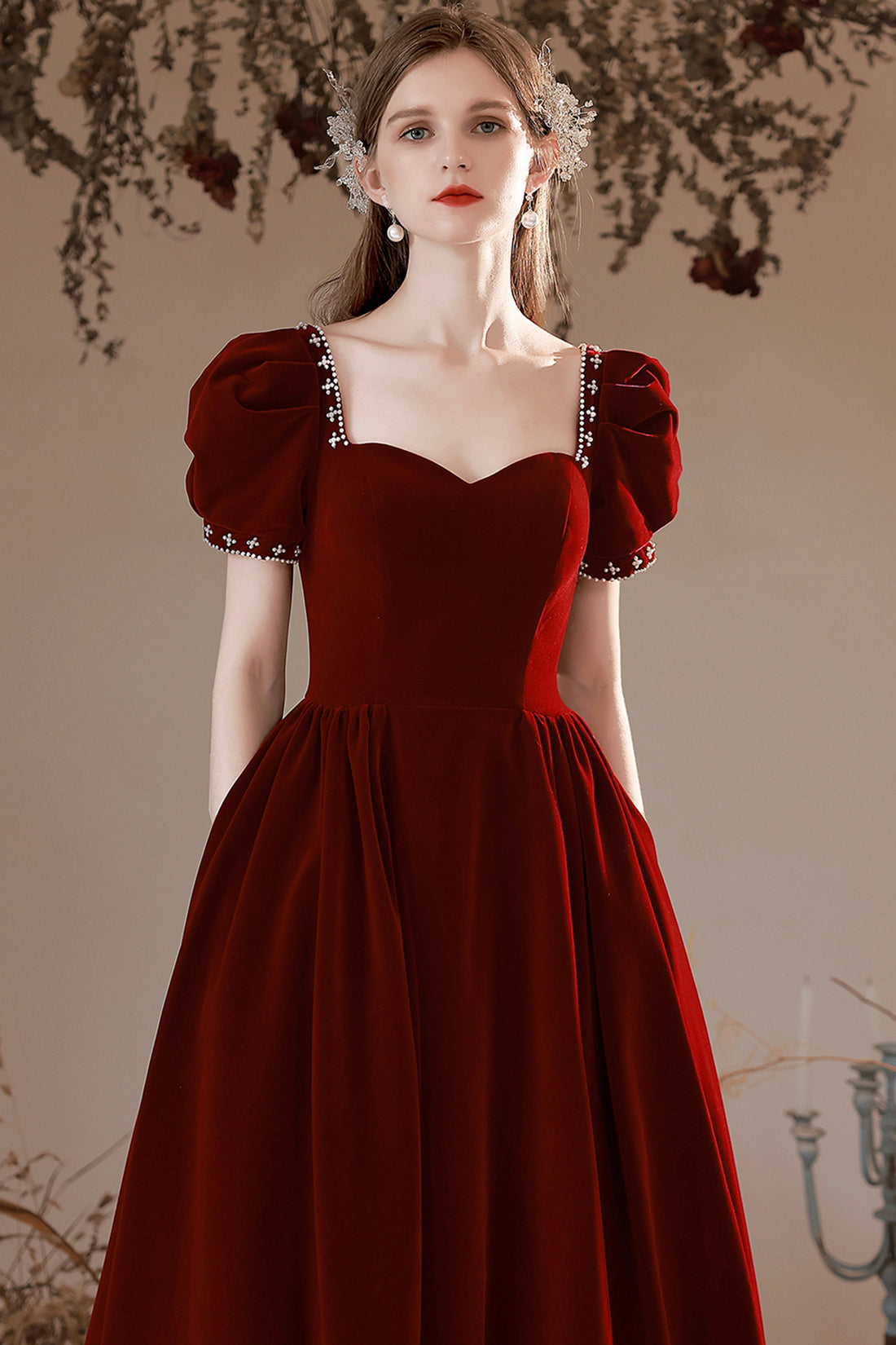 Burgundy Velvet Long Formal Dress, A-Line Short Sleeve Evening Party D