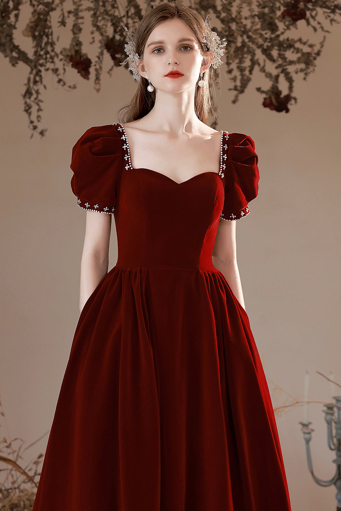 Burgundy Velvet Long Formal Dress, A-Line Short Sleeve Evening Party D Burgundy Velvet Long Formal Dress, A-Line Short Sleeve Evening Party D