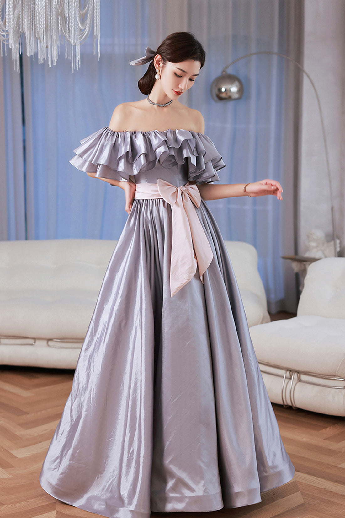Lovely Satin Floor Length Prom Dress, Off Shoulder Evening Dress with Bow