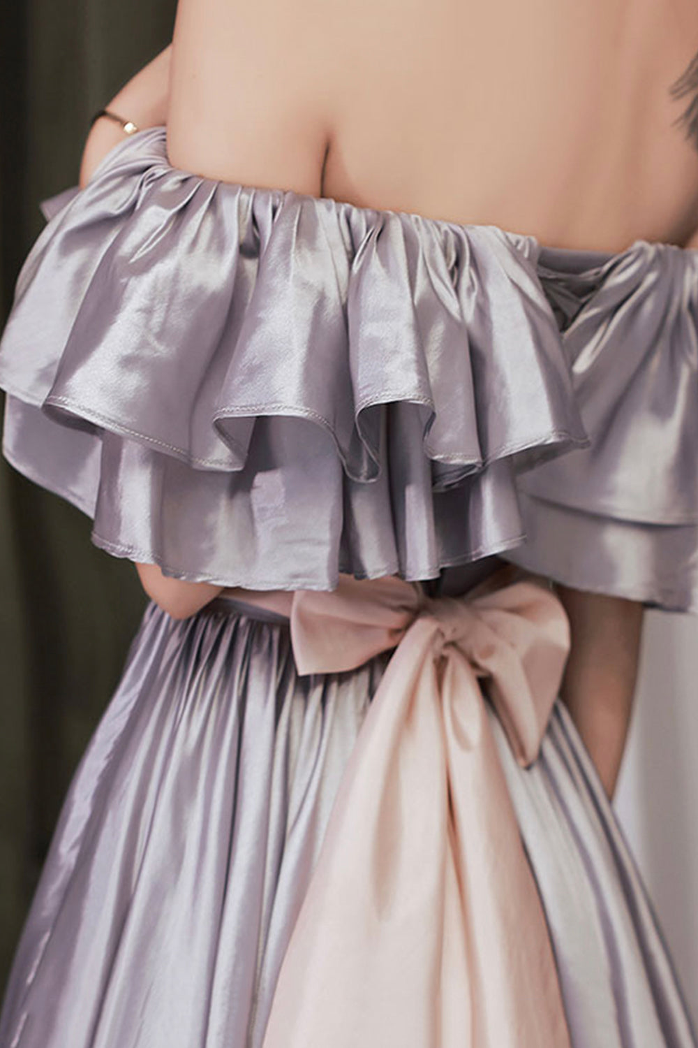 Satin Pantsuit Off Shoulder Floor-Length Formal Dresses with Ruched Waist