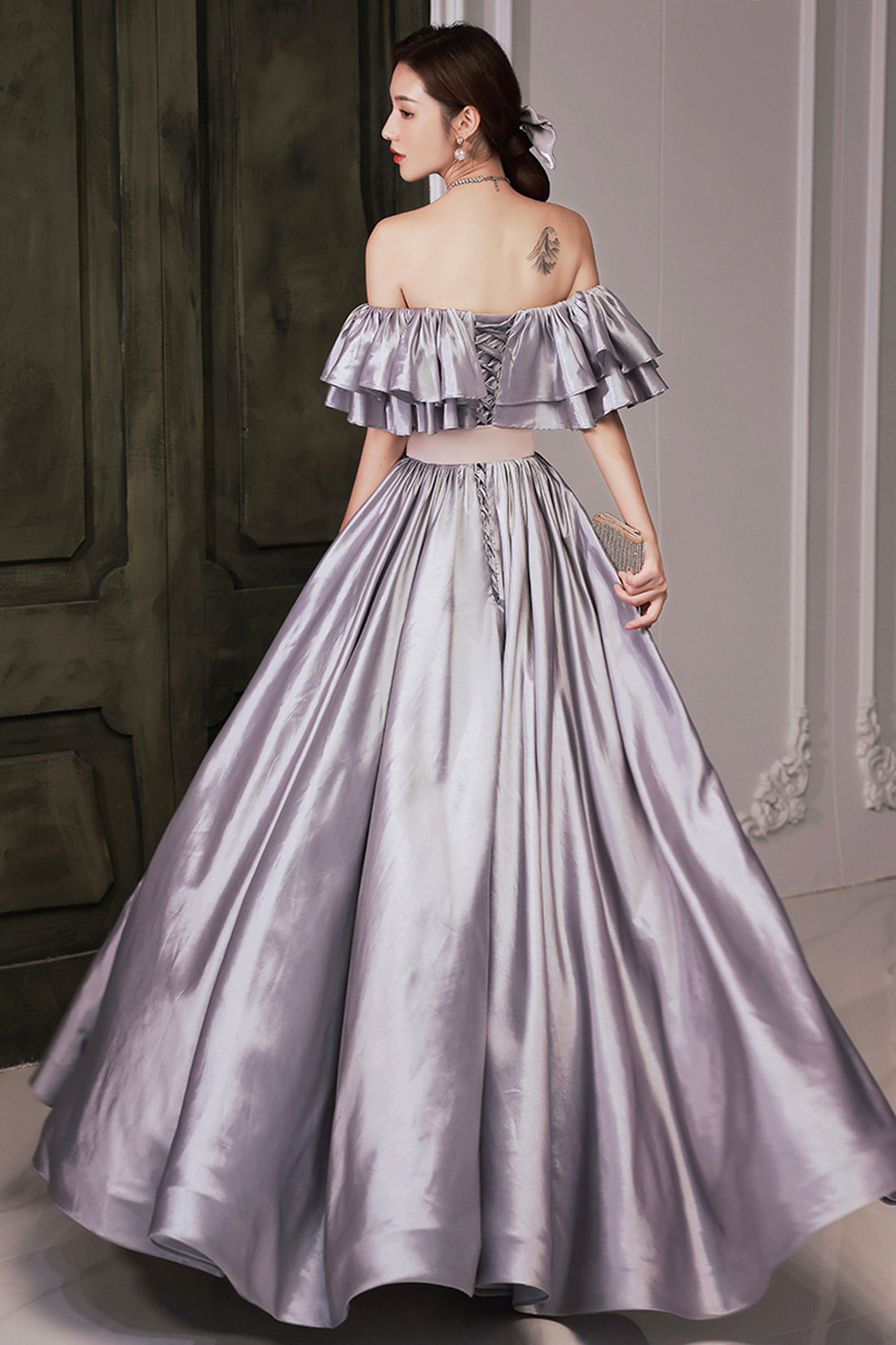 Lovely Satin Floor Length Prom Dress, Off Shoulder Evening Dress with Bow