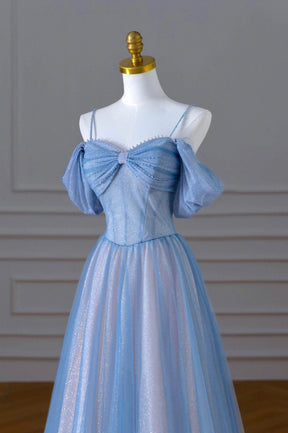 Blue Spaghetti Strap Tulle Long Prom Dress, Beautiful A-Line Evening Dress